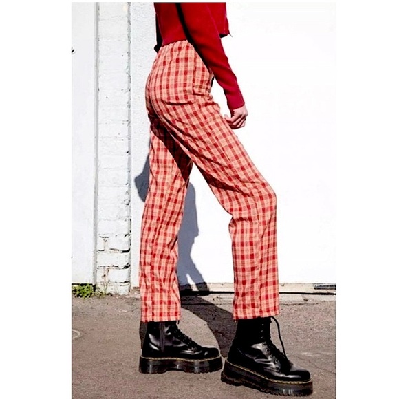 BRANDY MELVILLE Tilden Plaid Pants High Waisted Straight Red Yellow One Size - Picture 1 of 7